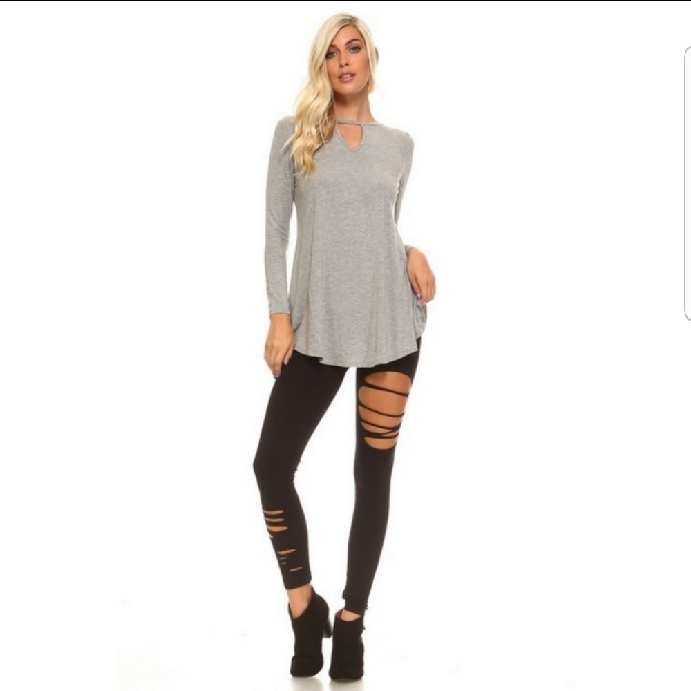 Women's Long Sleeve Keyhole Tunic Solid Gray